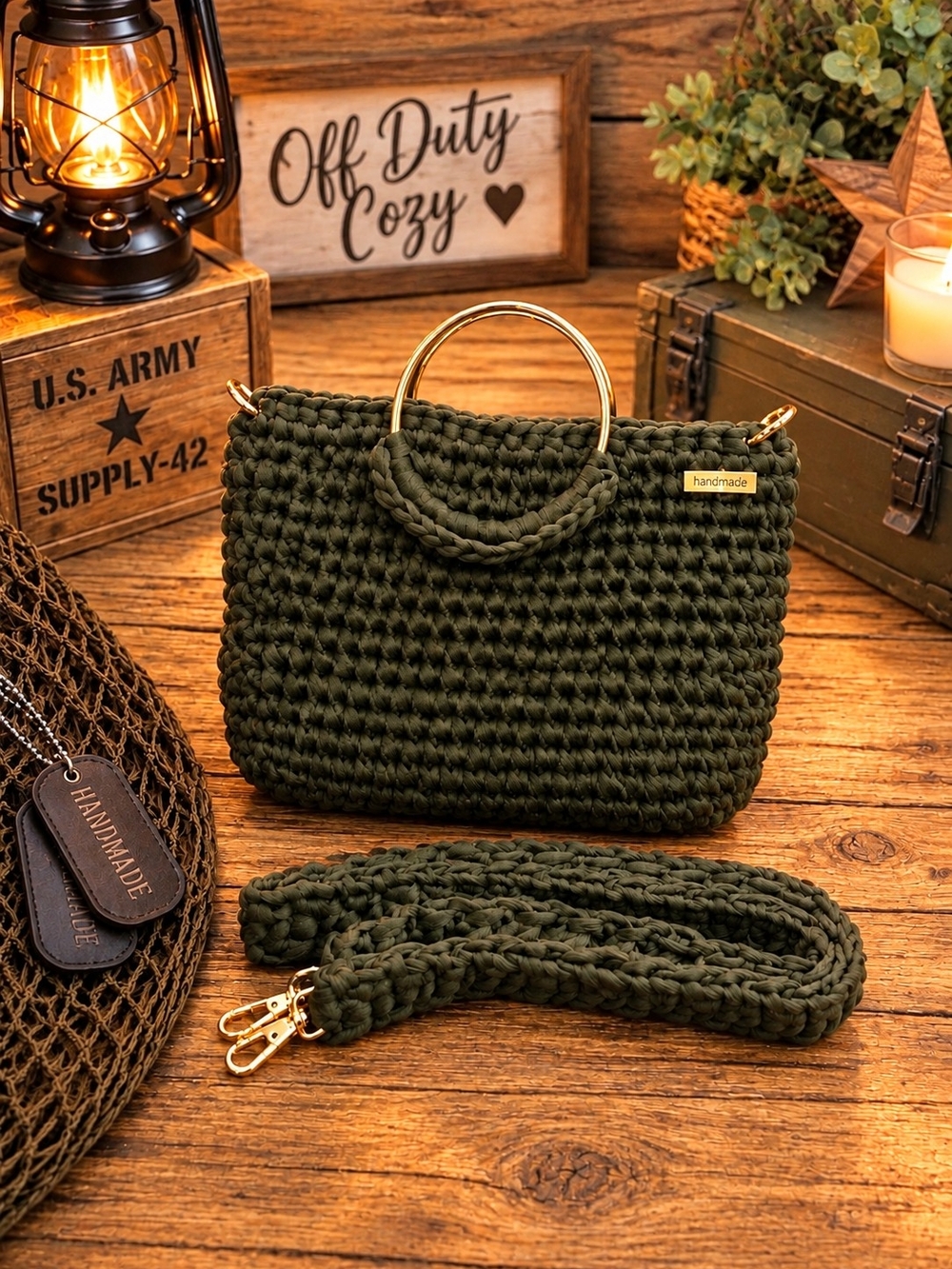 Handmade Olive Green Crochet Tote Bag with Gold Handles